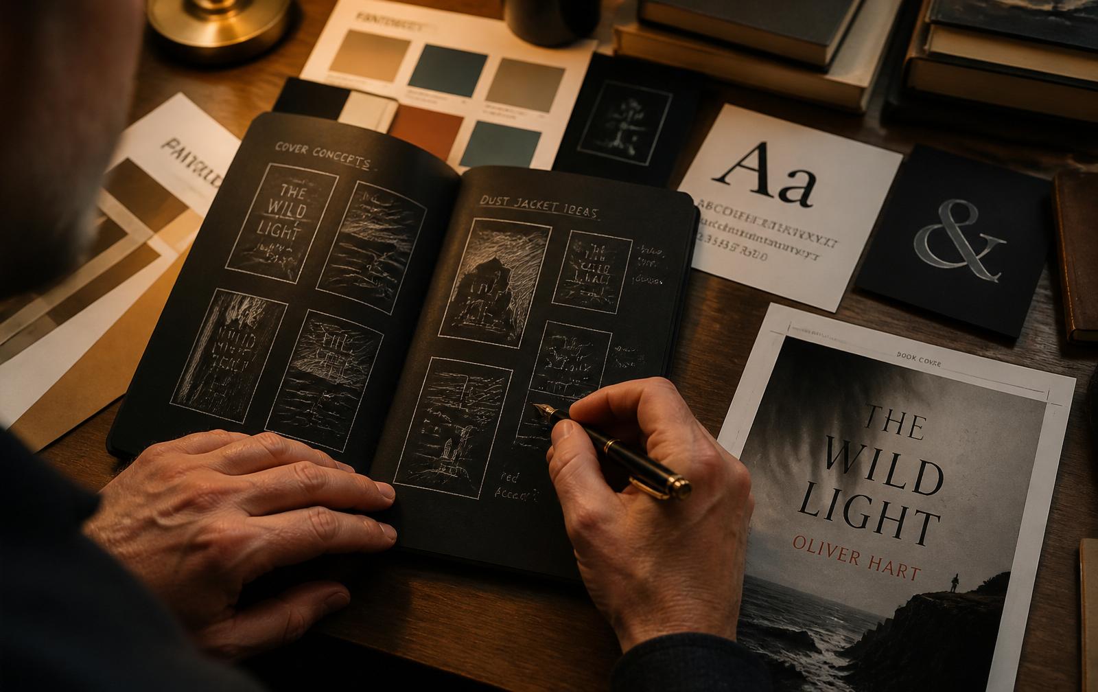 Un diseñador bosquejando miniaturas de portadas en un cuaderno