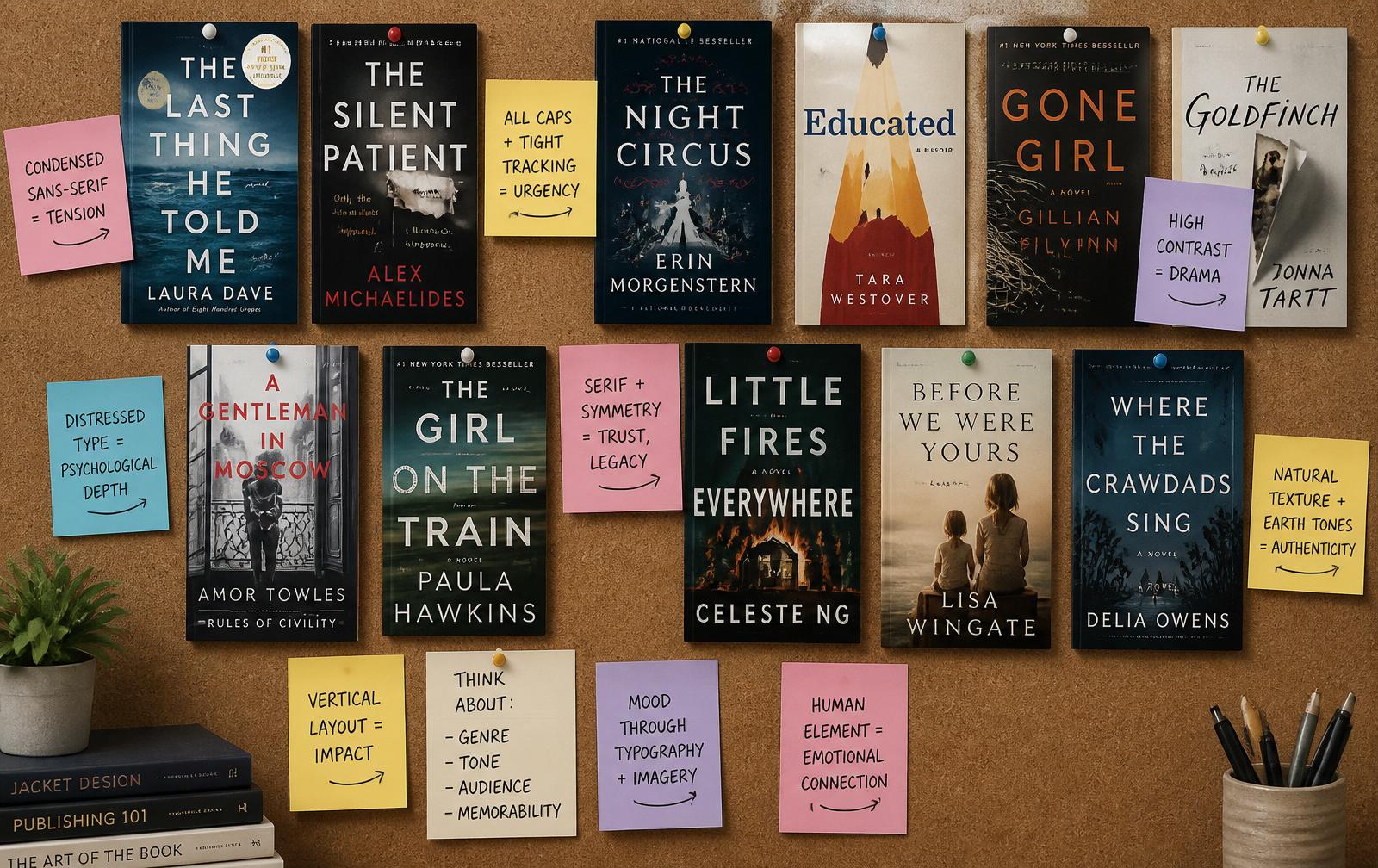 Un tablero de corcho con portadas de libros superventas anotadas con la tipografía