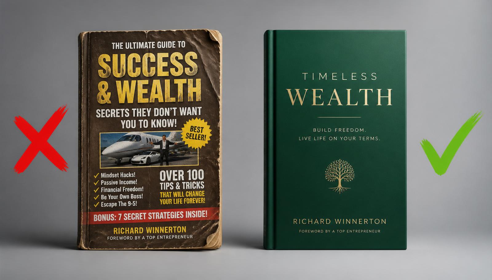 Before and after comparison of amateur and redesigned self published book covers