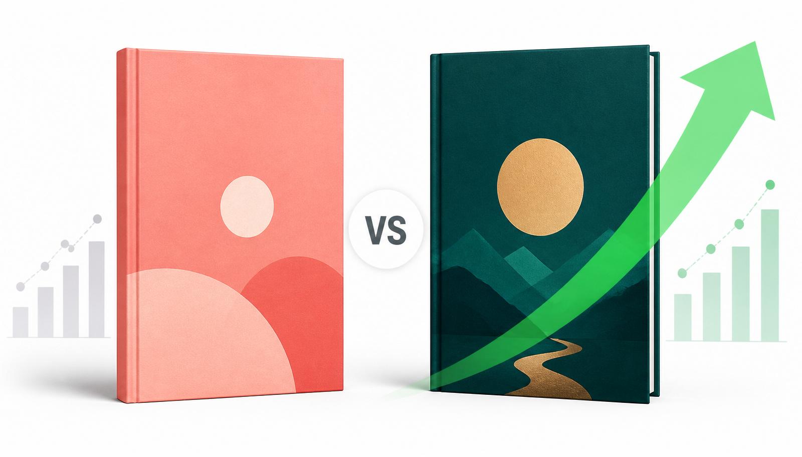 Two book cover variants side by side with an analytics dashboard blurred behind