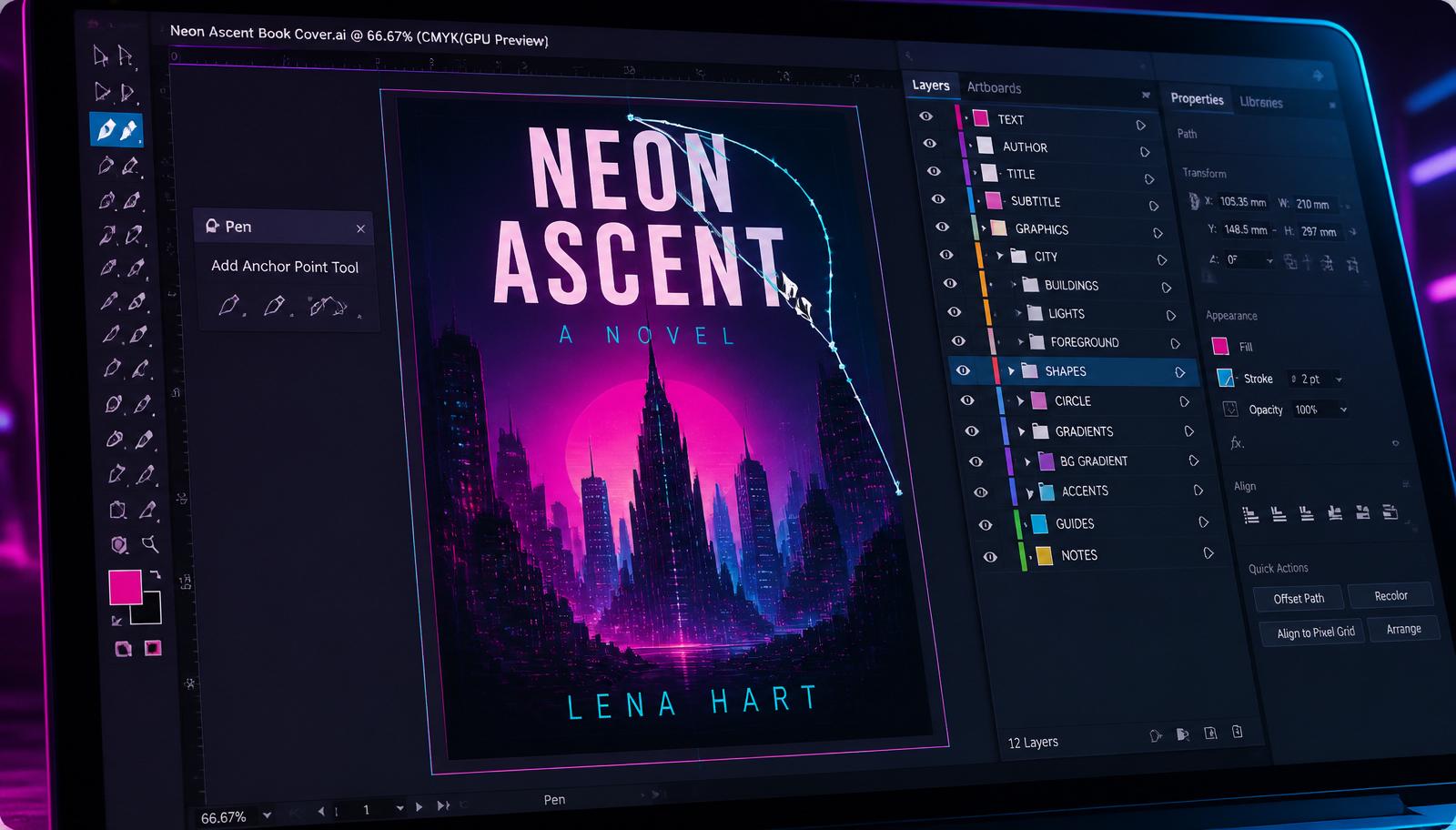 A laptop screen showing book cover design software mid project