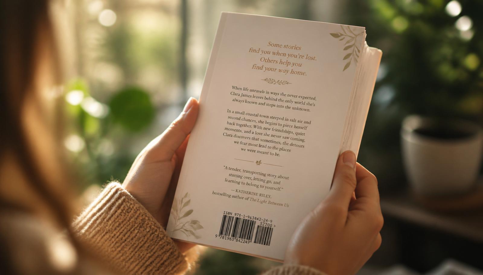 Close up of a paperback back cover with elegant tagline typography