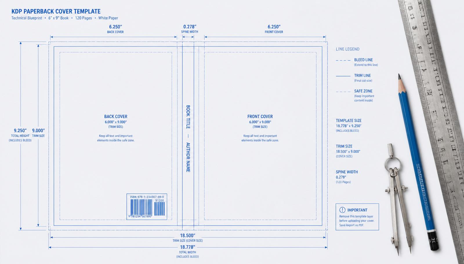 Printed KDP cover template with annotated guide lines for bleed and safe zone