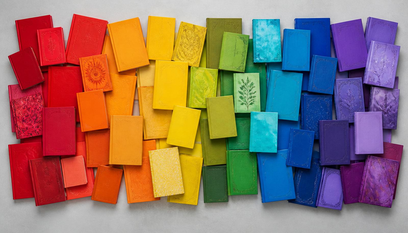 Book covers arranged by dominant colour across warm and cool palettes